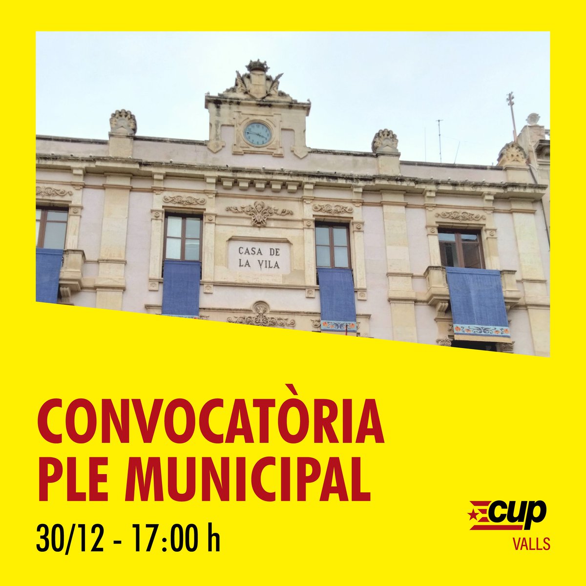 📢 Dilluns 30 de desembre, a les 17h, hi haurà sessió de Ple a l'Ajuntament de Valls

💬 Seguiu les nostres xarxes socials per mantenir-vos actualitzades de les nostres intervencions! 

#cupvalls #plevalls