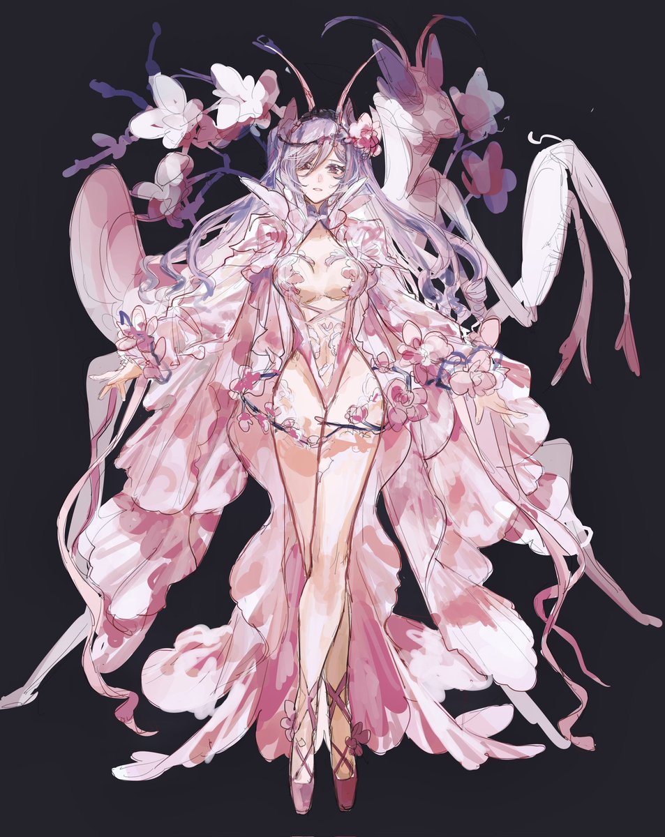 Not to be the person but... 
The flowers the back of the dress and the legs do line up suspiciously well to <a href="/ManaMoonArt/">Mana Moon - Art Team</a> Mantis Girl.

I understand inspiration but this is skirting the line!