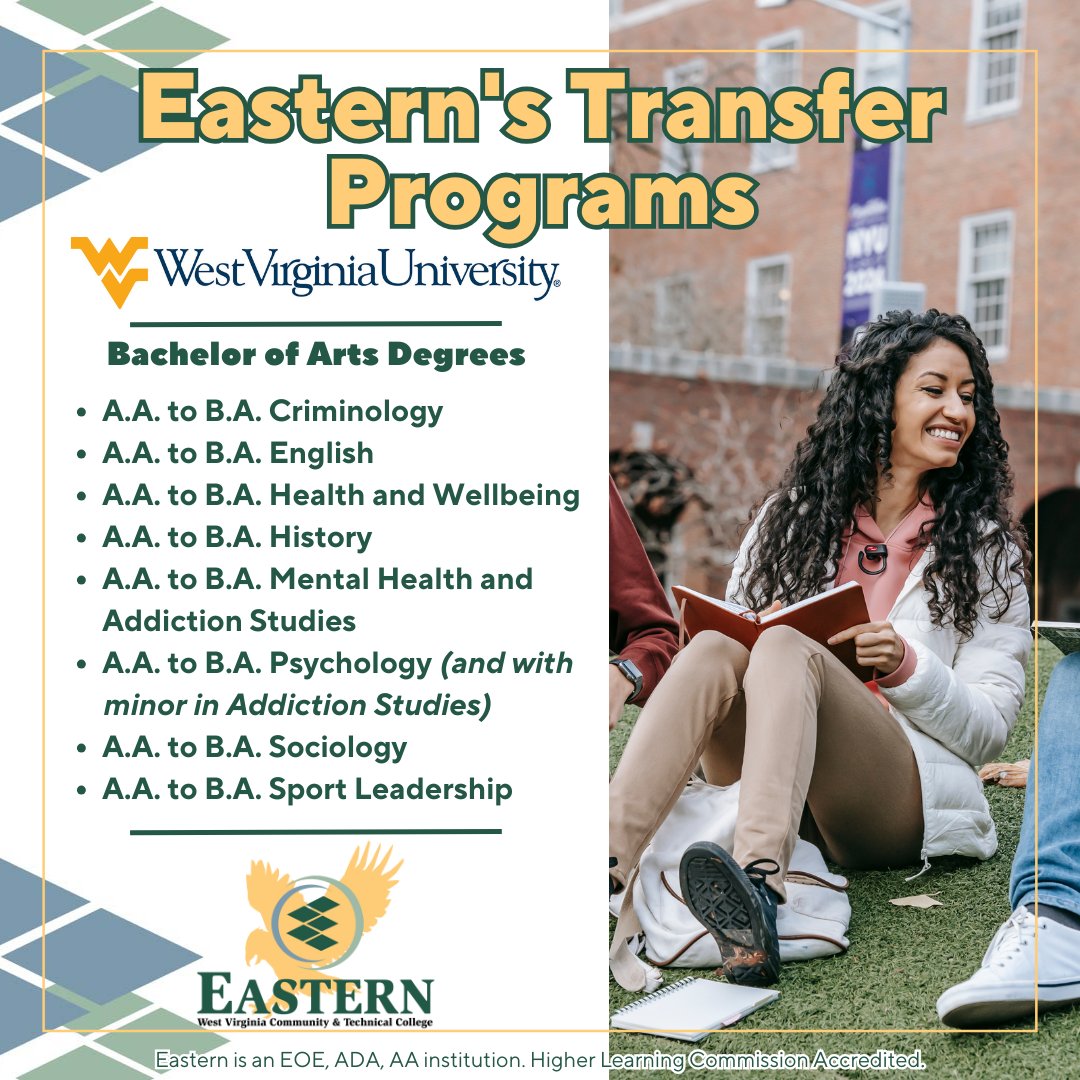 ewvctc's tweet image. Transfer your academic journey from #EasternWV to WVU. Explore bachelor of arts programs including Criminology, English, History, Psychology, and more! Discover more transfer opportunities: easternwv.edu/academics/tran…
#DiscoverEWV #TransferPrograms #HigherEducation