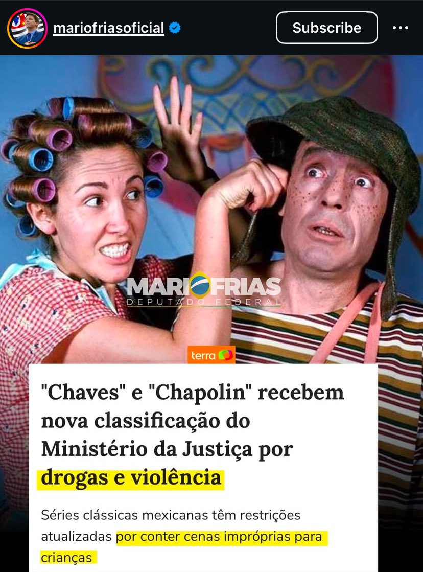 São décadas e gerações crescendo assistindo Chaves, a antítese do padrão rede Goebbels de lavagem cerebral para crianças.

Chaves é o anti woke absoluto, e exatamente por isso entrou na mira do governo lule de silve, repleto de feministas, desconstruídos e gente que vive dizendo