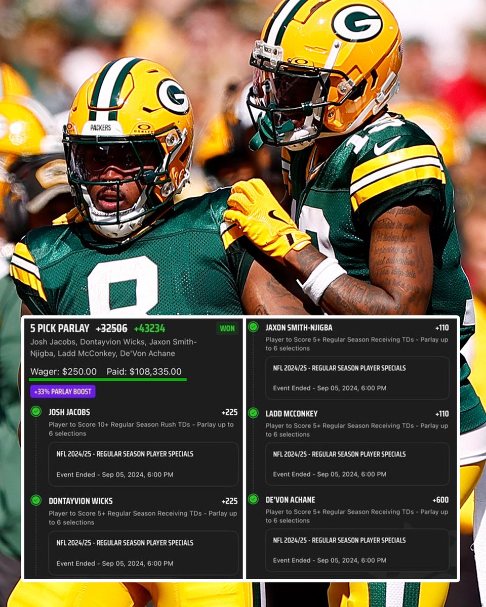NBC Sports Bet (@nbcsportsbet) on Twitter photo UNBELIEVABLE!
Check out this $108K season-long parlay that cashed. 😱
(via <a href="/DKSportsbook/">DraftKings Sportsbook</a>) UNBELIEVABLE!
Check out this $108K season-long parlay that cashed. 😱
(via <a href="/DKSportsbook/">DraftKings Sportsbook</a>)