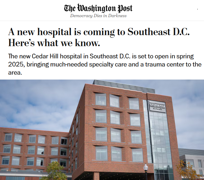 "The first new D.C. hospital in a generation is coming to Congress Heights next year, and preparations are underway for a facility that city officials hope will usher in a new day for residents."

washingtonpost.com/dc-md-va/2024/…
