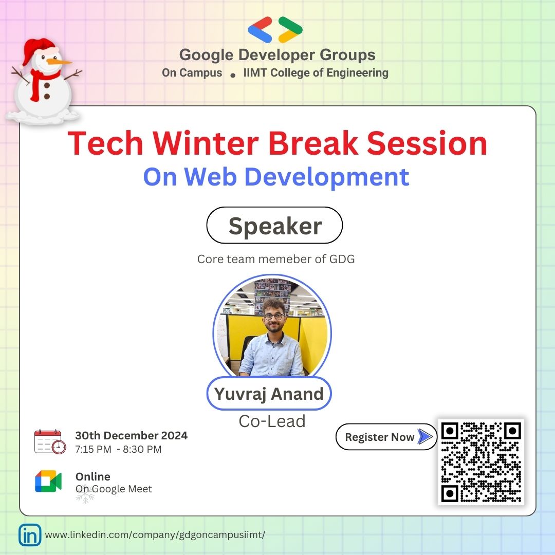 GDSC_IIMT's tweet image. The Web development session will be carried out by @YuvrajA59207269. He&apos;s a commendable and incredible speaker to learn from! Go register now!
Registration link: 
forms.gle/Yt2vSBst9Q8yEo… 🗓️ When: 30/12/24
📍 Where: Google Meet 
🕰️ Time: 7:15PM to 8:30PM
#webdevelopment  #gdgiimt
