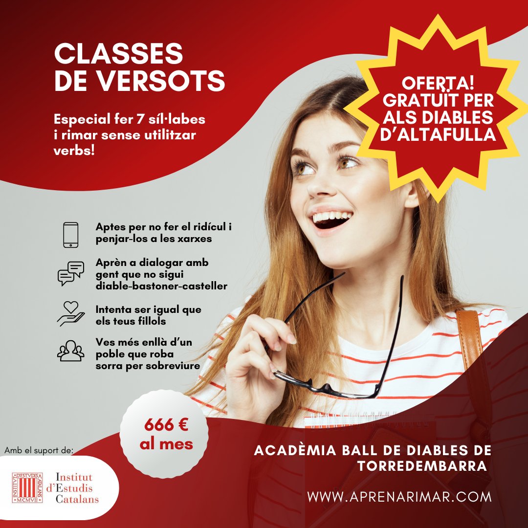 📢 NOU CURS DE VERSOTS! Ajuda'ns a combatre la mala rima.

👉 Comptaràs fins a 7 i rimaràs sense utilitzar verbs. 

🫂 Per a totes les edats (fins i tot per als nostres padrins) <a href="/DiablesAltf/">GrupDiablesAltafulla</a>

💥❗OFERTA ESPECIAL: si ets diable d’Altafulla, tens el curs 100% subvencionat!