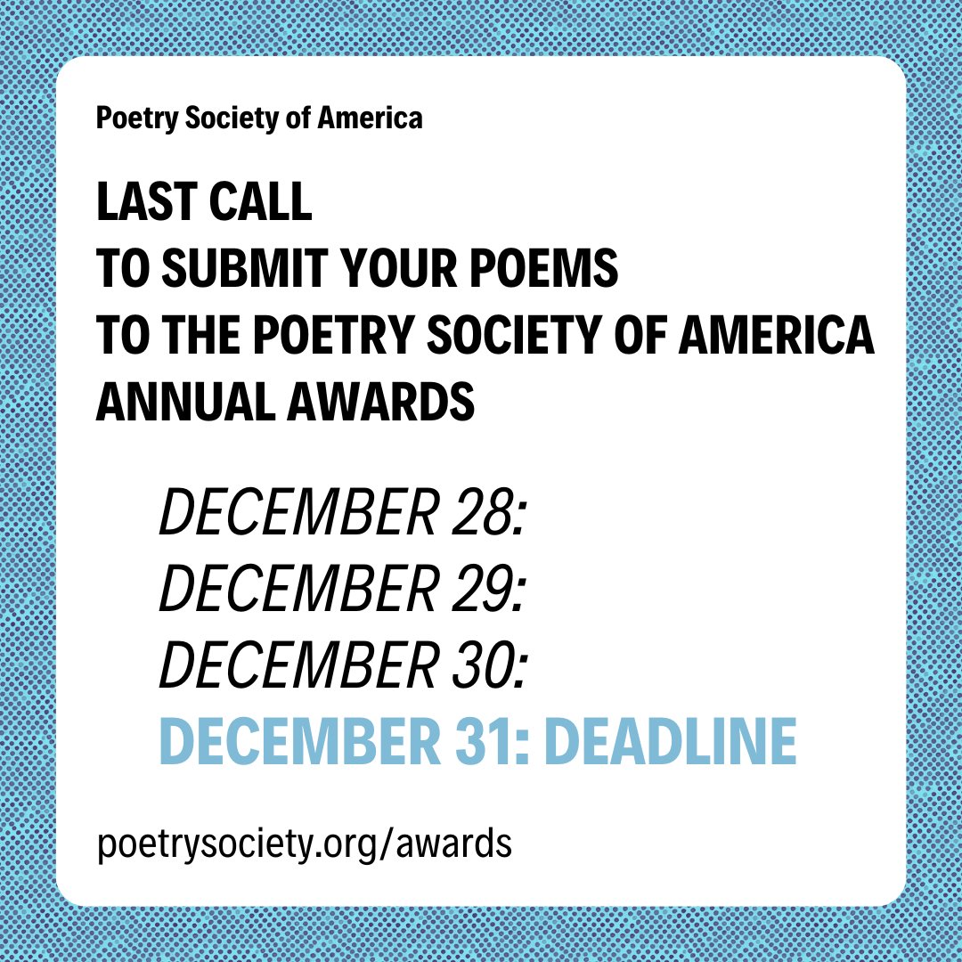 Poetry Society (@poetry_society) on Twitter photo Last call to enter your poems in the PSA Awards.
poetrysociety.org/awards
Judges include Alison C. Rollins (<a href="/AlisonCRollins/">Alison C. Rollins</a>); Richard Siken (@RichardSiken); Sumita Chakraborty (<a href="/notsumatra/">Sumita Chakraborty</a>); Megan Fernandes (@mfernandespoet); JJJJJerome Ellis (@jjjjjeromeellis) and more! Last call to enter your poems in the PSA Awards.
poetrysociety.org/awards
Judges include Alison C. Rollins (<a href="/AlisonCRollins/">Alison C. Rollins</a>); Richard Siken (@RichardSiken); Sumita Chakraborty (<a href="/notsumatra/">Sumita Chakraborty</a>); Megan Fernandes (@mfernandespoet); JJJJJerome Ellis (@jjjjjeromeellis) and more!