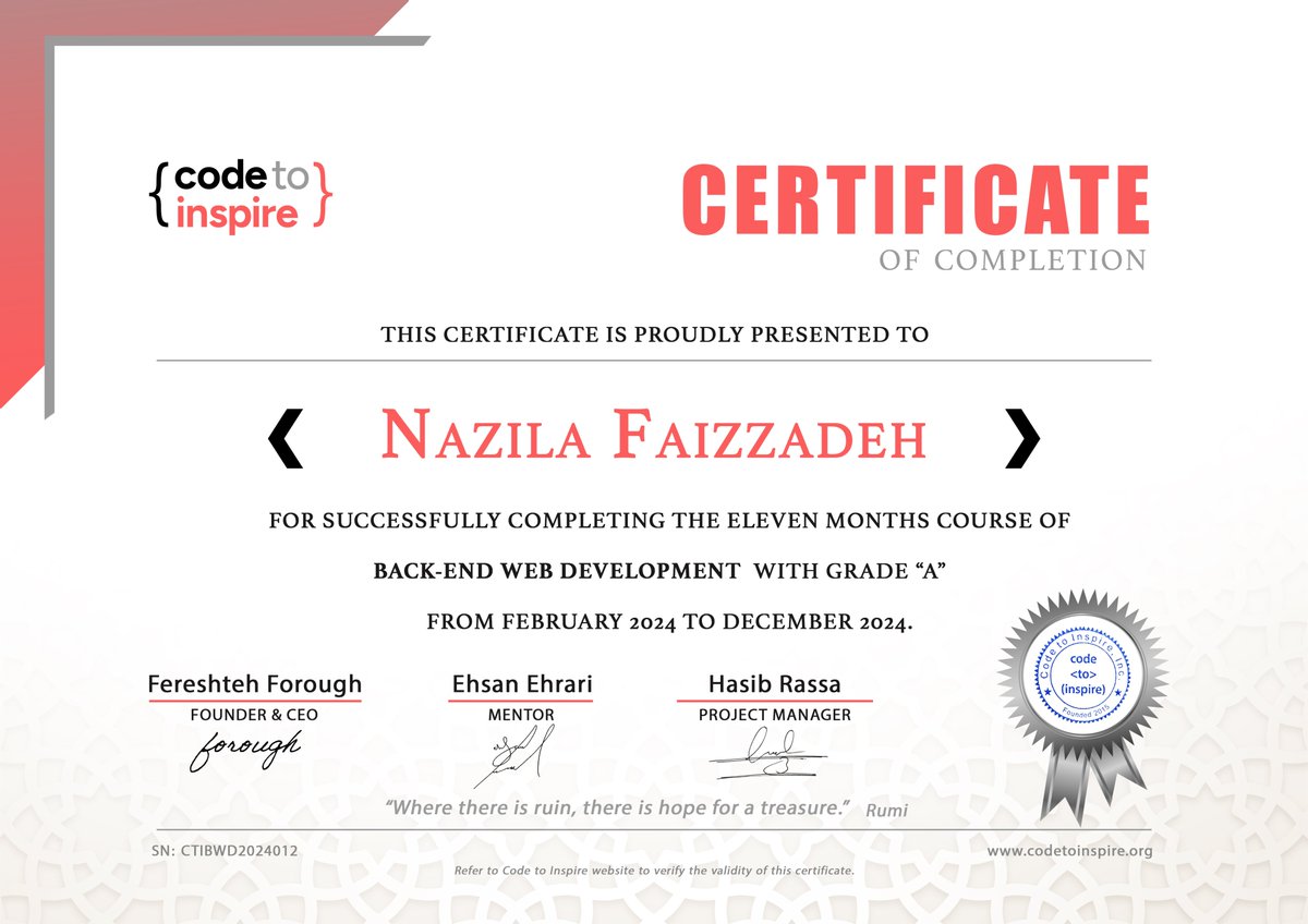 NazilaF2002's tweet photo. Thrilled to share that I’ve completed the 11 months Backend course! 🎉 Grateful to my mentor, @E_Ehrari , and the incredible support of @f_forough,and the amazing @CodeToInspire team. Here’s to turning dreams into reality! 🚀💻
#AfghanGirlsCode #BackEndDeveloper #WomenInTech https://t.co/SqNoNV5YIB