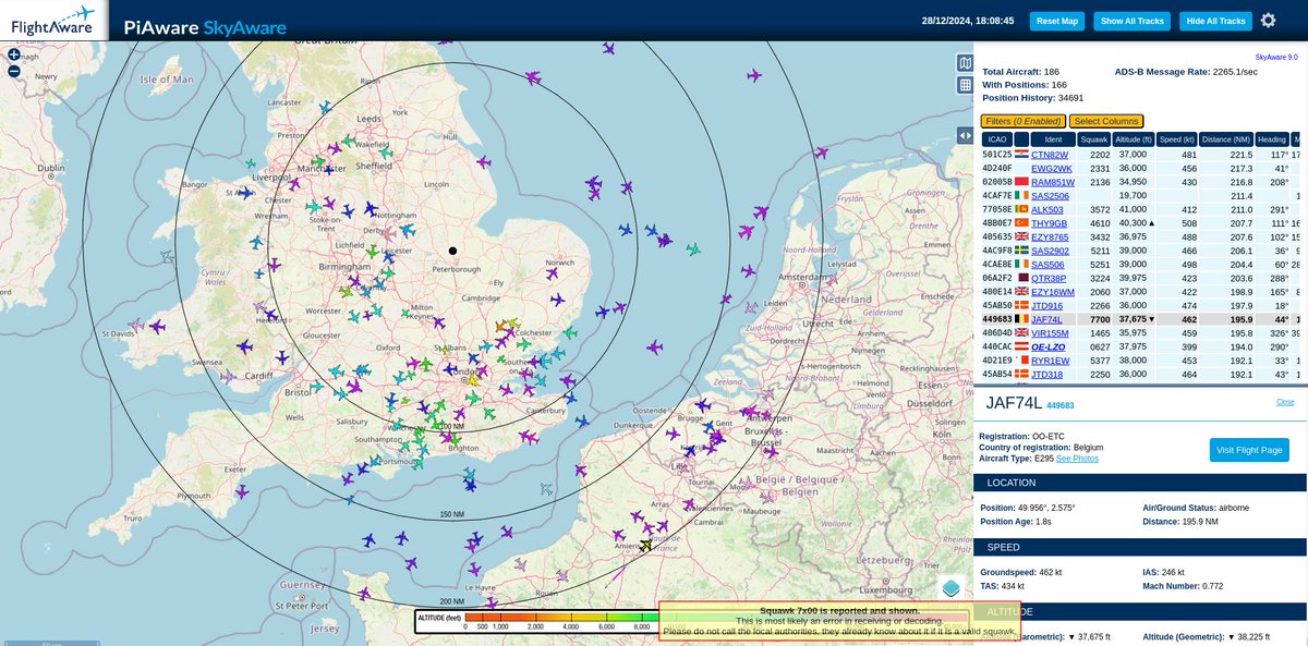 rocketron101's tweet image. TUI Belgium flt JAF74L Embraer E195-E2 [OO-ETC] squawking 7700 diverting to Brussels (unknown the reason).  First grab is my personal #PiAware
- had them at ~240nm which isn&apos;t bad.  Also *possibly* had a squeak on comms with French ATC ~70% cert on that w/ #AirSpy mini).

#avgeek