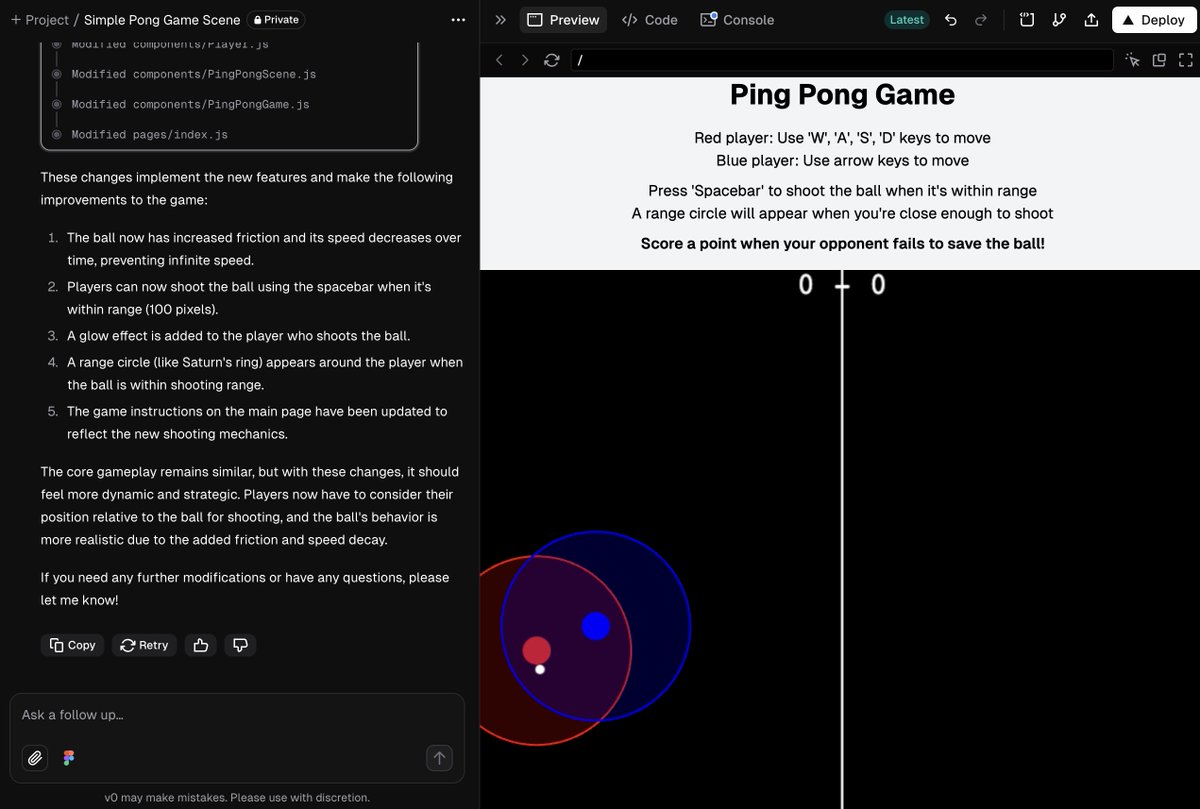 alperreha's tweet image. v0.dev ile oyun yapmak da aşırı kolaylaştı. &quot;ping a pong&quot; diye başladım phaser, nodejs ve next ile harika şeyler çıkartıyor. #v0 #v0dev