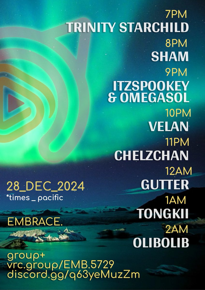 Embrace's end of year party is tonight!
We've got a great line up with 8 incredible DJs and some big improvements to the world.

Party starts 7pm Pacific. Group link below ⬇️
See you soon!

vrc.group/EMB.5729
