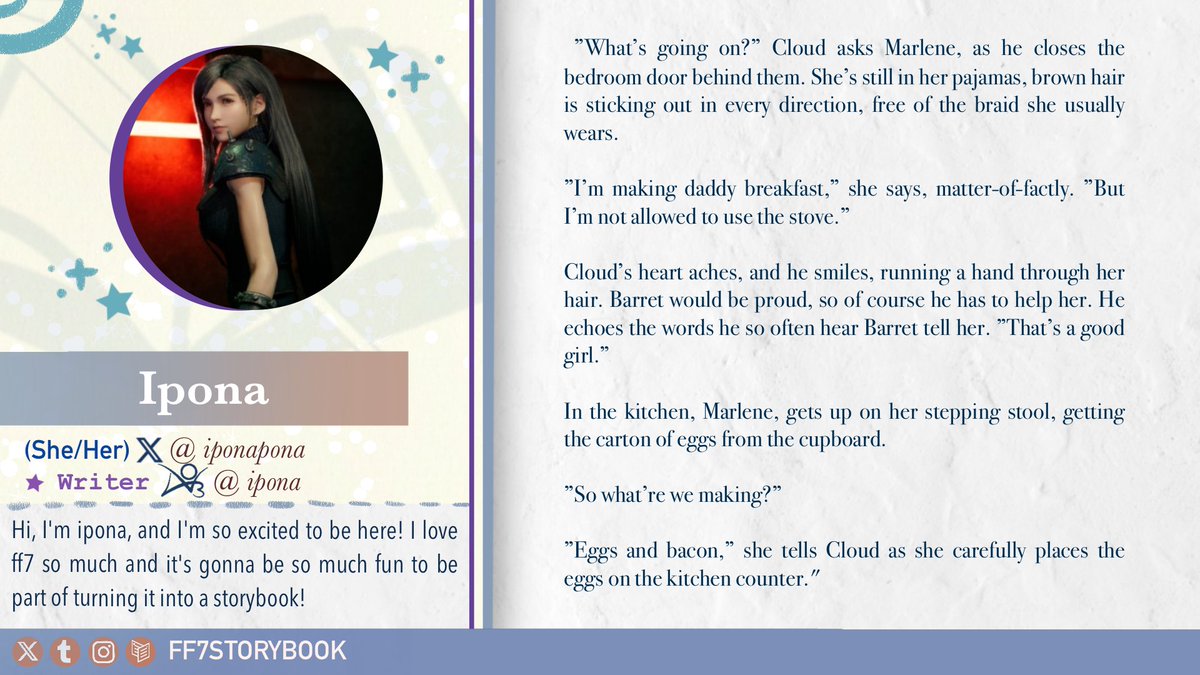 ff7storybook's tweet photo. Welcome @iponapona to #FF7Storybook as our 📖writer🗡️! She loves The Brothers Lionheart by Astrid Lindgren and the FF7 character Tifa Lockhart. https://t.co/4zeEkFPzT0