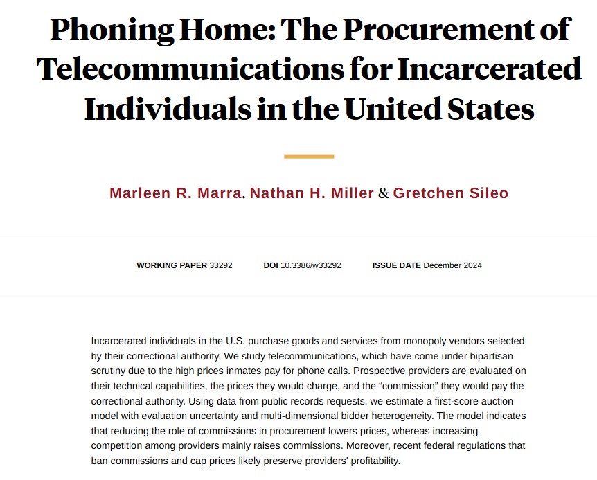 NBER (@nberpubs) on Twitter photo Using data from public records requests and an auction model of procurement to understand the prices incarcerated individuals pay to make phone calls, from Marleen R. Marra, <a href="/NateHMiller/">Nathan Miller</a>, and @Gretchen Sileo nber.org/papers/w33292 Using data from public records requests and an auction model of procurement to understand the prices incarcerated individuals pay to make phone calls, from Marleen R. Marra, <a href="/NateHMiller/">Nathan Miller</a>, and @Gretchen Sileo nber.org/papers/w33292