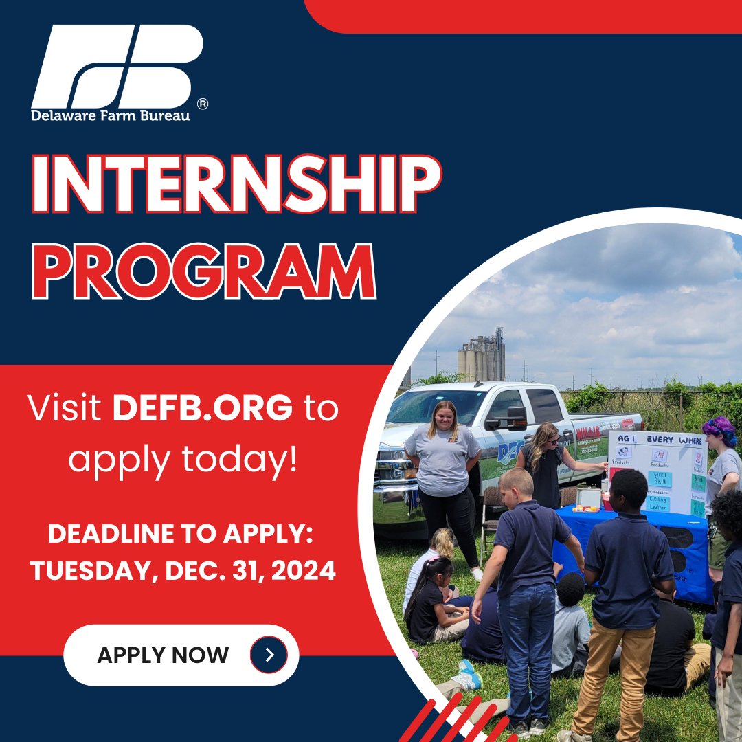 DEFarmBureau's tweet photo. There's still time to apply for the DEFB 2025 summer internship program! Deadline to apply is Tuesday, Dec. 31, 2024.
https://t.co/u2opZbmAGG for details and to apply.
.
.
.
#delawarefarmbureau #DEFarmBureau #defb #delaware #Agriculture #internship #summerinternship #intern https://t.co/TxVVXiFxCX