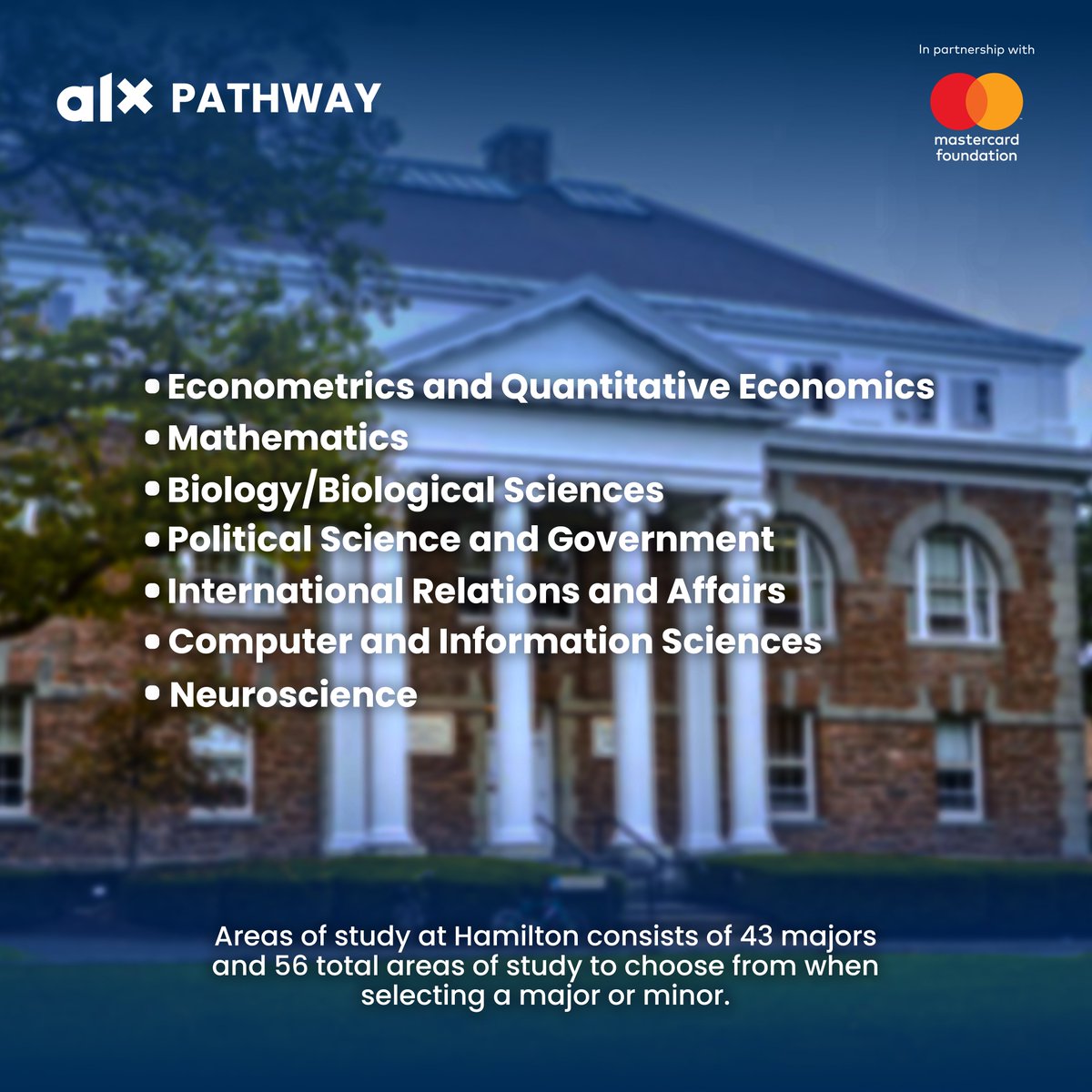 🌟 Forge your path with Hamilton College! 🎓 Explore international relations 🌏, computer science 💻, psychology 🧠, and more. 🔥 Apply to ALX Pathway now and connect with top universities: bit.ly/3ZIVr2x