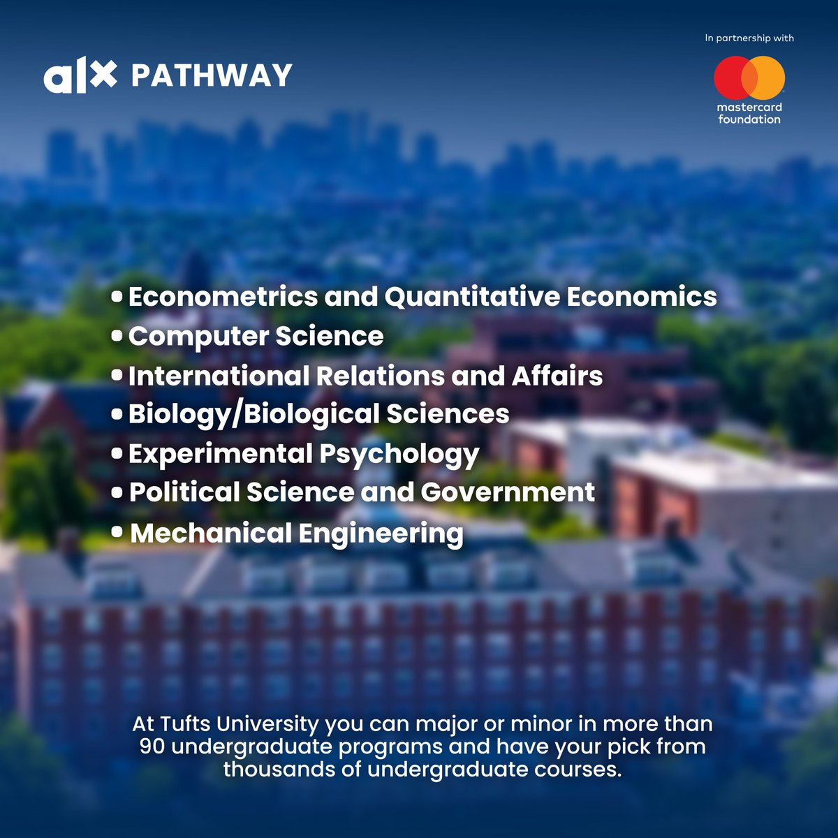 🌟 Reach new heights with Tufts University! 🎓 Explore international relations 🌏, psychology 🧠, engineering ⚙️, and more. 🔥 

Apply to ALX Pathway now and connect with global leaders: bit.ly/3ZIVr2x