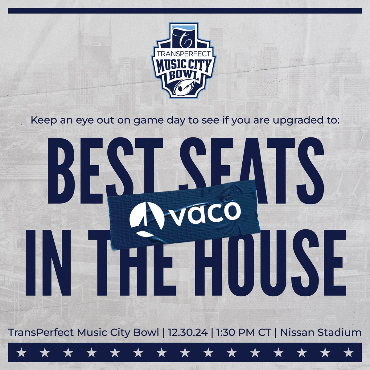 MusicCityBowl's tweet photo. keep an eye out on game day for your chance to get upgraded to the @vaco best seats in the house!
#musiccitybowl #vaco #bestseatsinthehouse https://t.co/5rE2oA5Ce1
