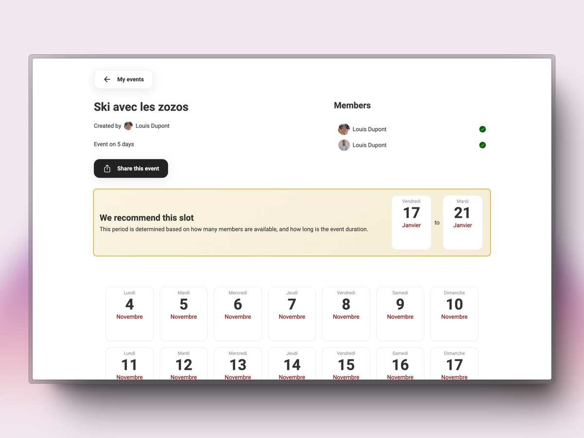Slotmateapp's tweet photo. 🎉 Today, we release the Best Slot Recommendation!

You can now select how many days your event should last, and we will automatically suggest the earliest slot on which the most members are available!

Try it out and give us your feedback!

https://t.co/kcBCwZ6fyk https://t.co/lTrKxqqMTf