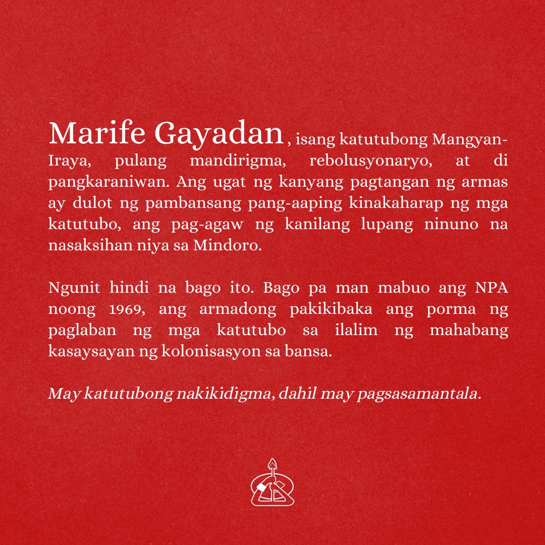 katribu_natl's tweet photo. Ang buhay na inalay ni Marife Gayadan ay hindi kailanman masasayang. Mananatili ang kanyang inalay na lakas, magpapatibay sa pundasyon at palaso ng rebolusyon na itinataguyod ng uring anakpawis.

#DefendMindoro #DefendAncestralLands https://t.co/xed9JkzHUj