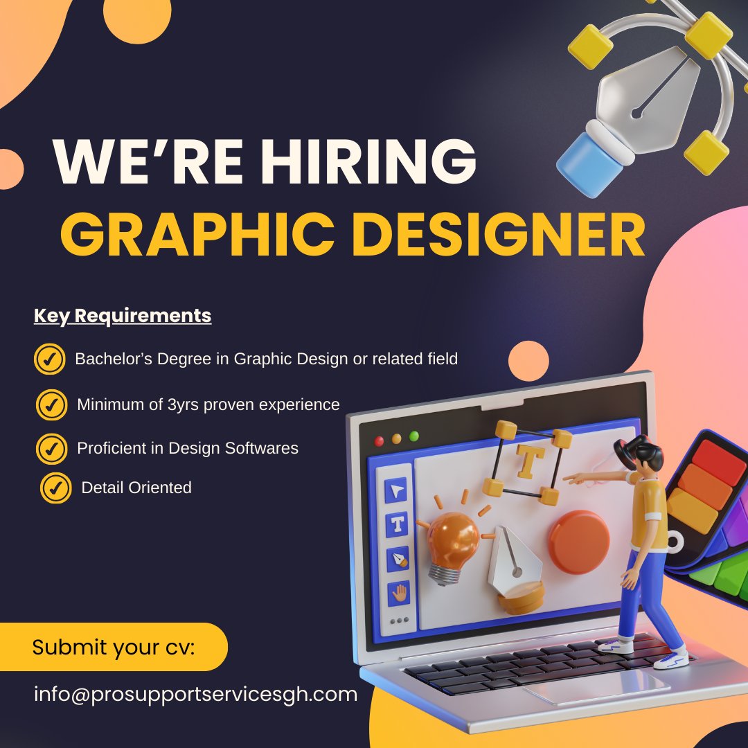 ReliancePerson1's tweet photo. Vacancy
GRAPHIC DESIGNER
Send cv to: info@prosupportservicesgh.com #ghanajobs #vacanciesgh @findajobghana @Job_goal
@jobcentregh @Jobsinghana_job @JoblyGhana
@joblemon @jobcentregh @VacanciesGh @ghanajobs
@jobsviatweet @ghanajobshub Shatta Wale #ACCRA #AccraInvasionProject https://t.co/zdm4j9YFFs