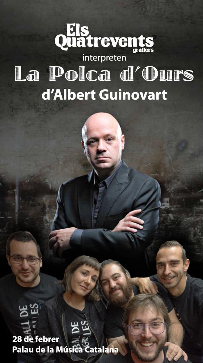 Grallers Els Quatrevents (@elsquatrevents) on Twitter photo Estem molt contents d’anunciar que el 28 de febrer estrenarem, al <a href="/palaumusicacat/">Palau de la Música Catalana</a>, aquesta obra del gran <a href="/guinovartalbert/">Albert Guinovart</a> dedicada a la Polca d’Ours.
#lapolkadours #música #lesgrallessinflaran Estem molt contents d’anunciar que el 28 de febrer estrenarem, al <a href="/palaumusicacat/">Palau de la Música Catalana</a>, aquesta obra del gran <a href="/guinovartalbert/">Albert Guinovart</a> dedicada a la Polca d’Ours.
#lapolkadours #música #lesgrallessinflaran