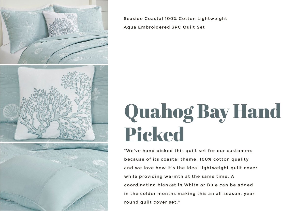 BayQuahog's tweet photo. We've made shopping for High Quality Bedding Products easy! We've hand picked our favorite high quality bedding products out for you! Check out this beautiful, 100% Cotton, Coastal Themed Bedding Set! $124.99 with Free Shipping!

https://t.co/ejB2T45fvx

#high #quality #bedding https://t.co/BgbhxngWnc