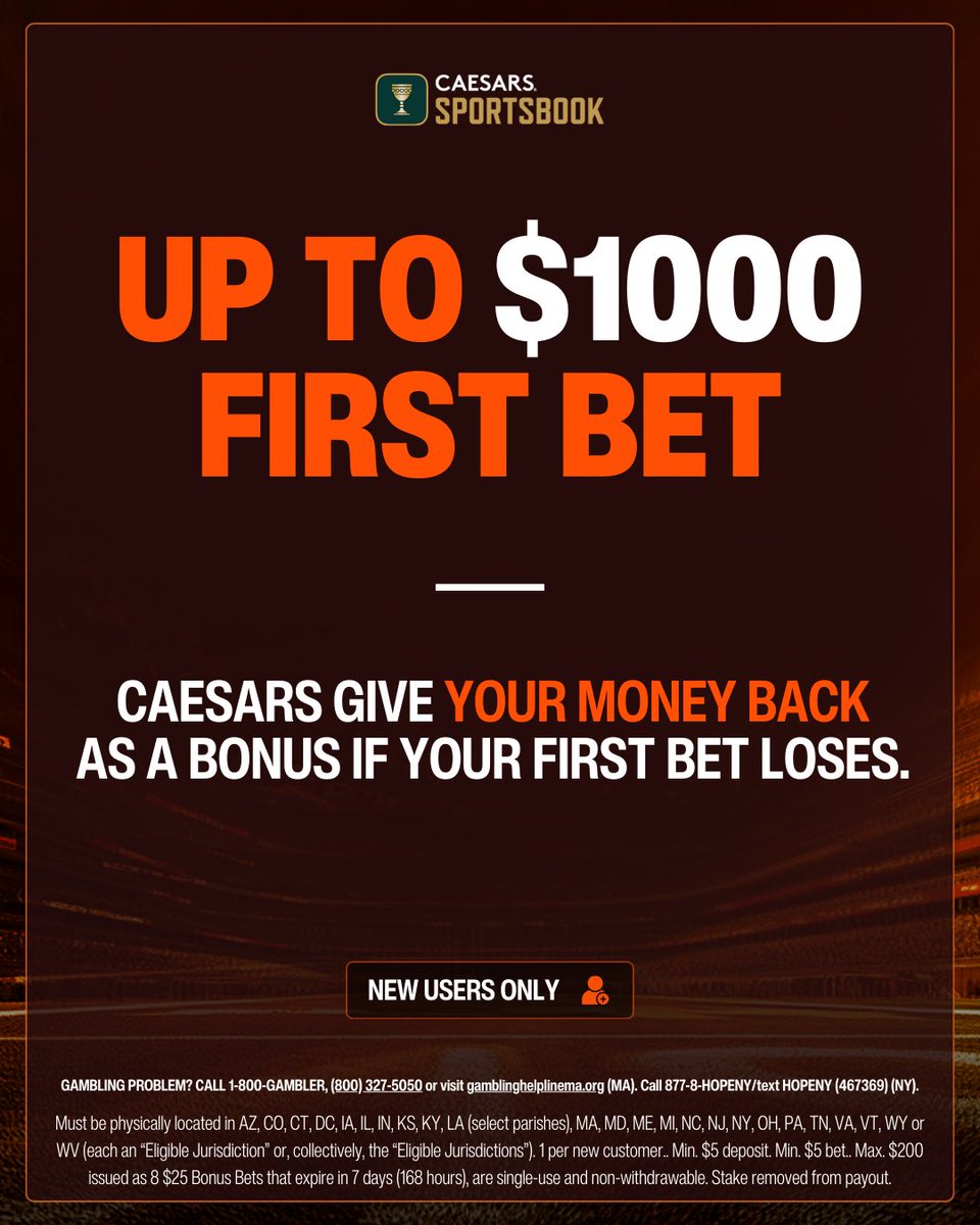 🚀 I’m kicking things off today with a flyer which includes legs in all three games. 

It’s on Caesars, so make sure you have an account set up to join in…

🤝 Here: bit.ly/1000-CZRS

It only takes a couple of minutes, then you’re set.

21+, gamble responsibly.