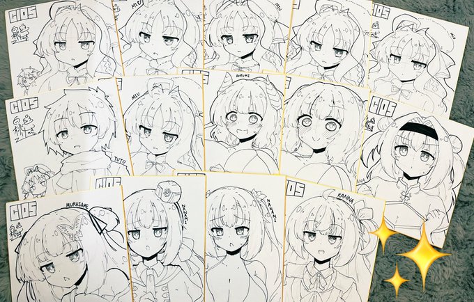 現在完成済みの色紙14枚!
(美羽6枚、来海2枚、七海2枚、佑斗・ムラサメ・栞那・佐奈1枚)
これに後ほど金塗りして当日持っていきます!!!

ちなみに追加で美羽1枚、七海1枚、茉子1枚、ナツメ1枚、天音1枚制作中です。 