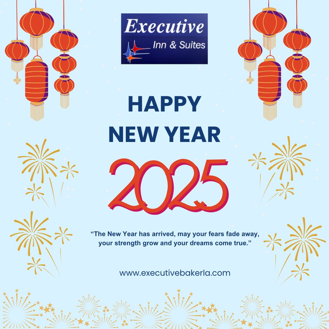 executivebake's tweet image. 🎉✨ Hello 2025! Enjoy Southern hospitality and comfort at Executive Baker.                    
🎇🎊Happy New Year to All! 🎈🥳 
💻 executivebakerla.com | 📞(225) 771-1123
🌟 #SouthernCharm #BakerLAHotels #NewYearStay #RelaxAndRejoice