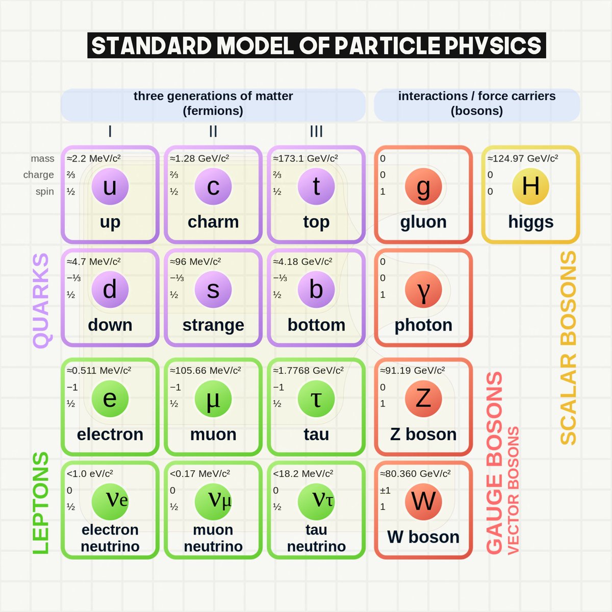 Particle Zoo ⚛

The Standard Model accounts for three families of fundamental particles. It includes six quarks:

up, down, charm, strange, top, bottom

Six leptons:

electron, electron neutrino, muon, muon neutrino, tau, tau neutrino

and their corresponding antiparticles.