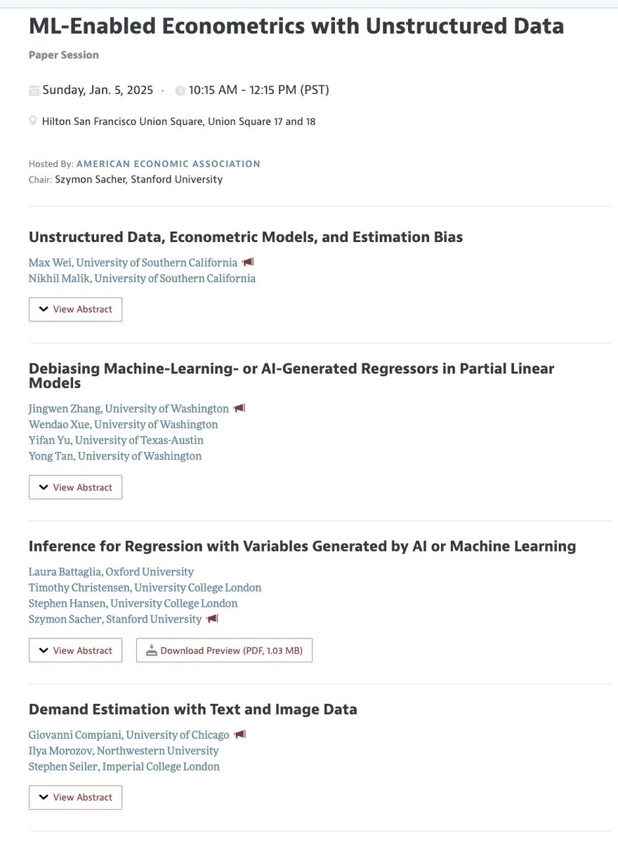 For those attending #ASSA2025, come to our session on ML/AI + unstructured data (e.g., text and images).

We'll have a couple of papers on the econometrics of it, and I'll talk about incorporating this type of data in demand estimation.

It's Sunday Jan 5 at 10:15 AM.