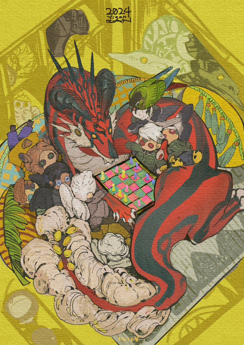 23 years old today! I drew myself a birthday illustration. The red noodle dragon in the center represents me, the parrot is my pet, and the rest are OC dolls.