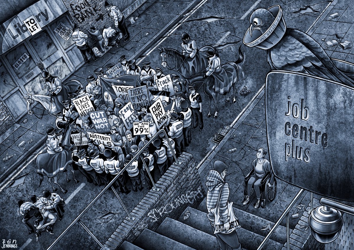 BJennings90's tweet image. All the images from my ‘Snowflake’s Progress' series. Inspired by Hogarth’s ‘A Rake’s Progress’ and set over the last 14 years. It follows a recurring character - ‘Snowflake’ - who can be seen in stripes, like Where’s Wally wandering through Broken Britain.
I - Pop The Kettle On