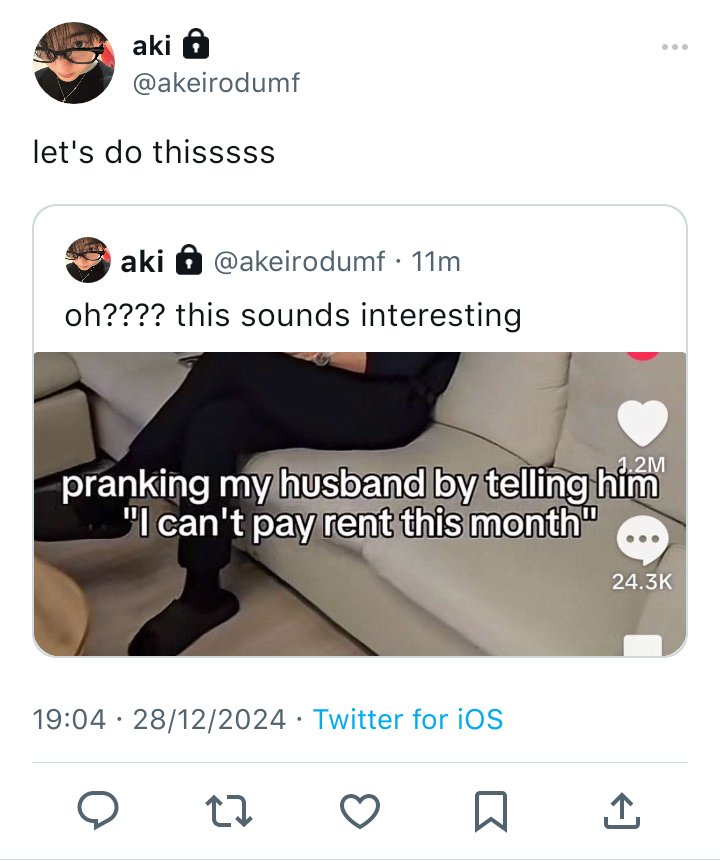 "i can't pay rent" 
a #kyuharu few tweets au wherein,

kei (hrt) doing a prank on his hubby, drei (kjk)