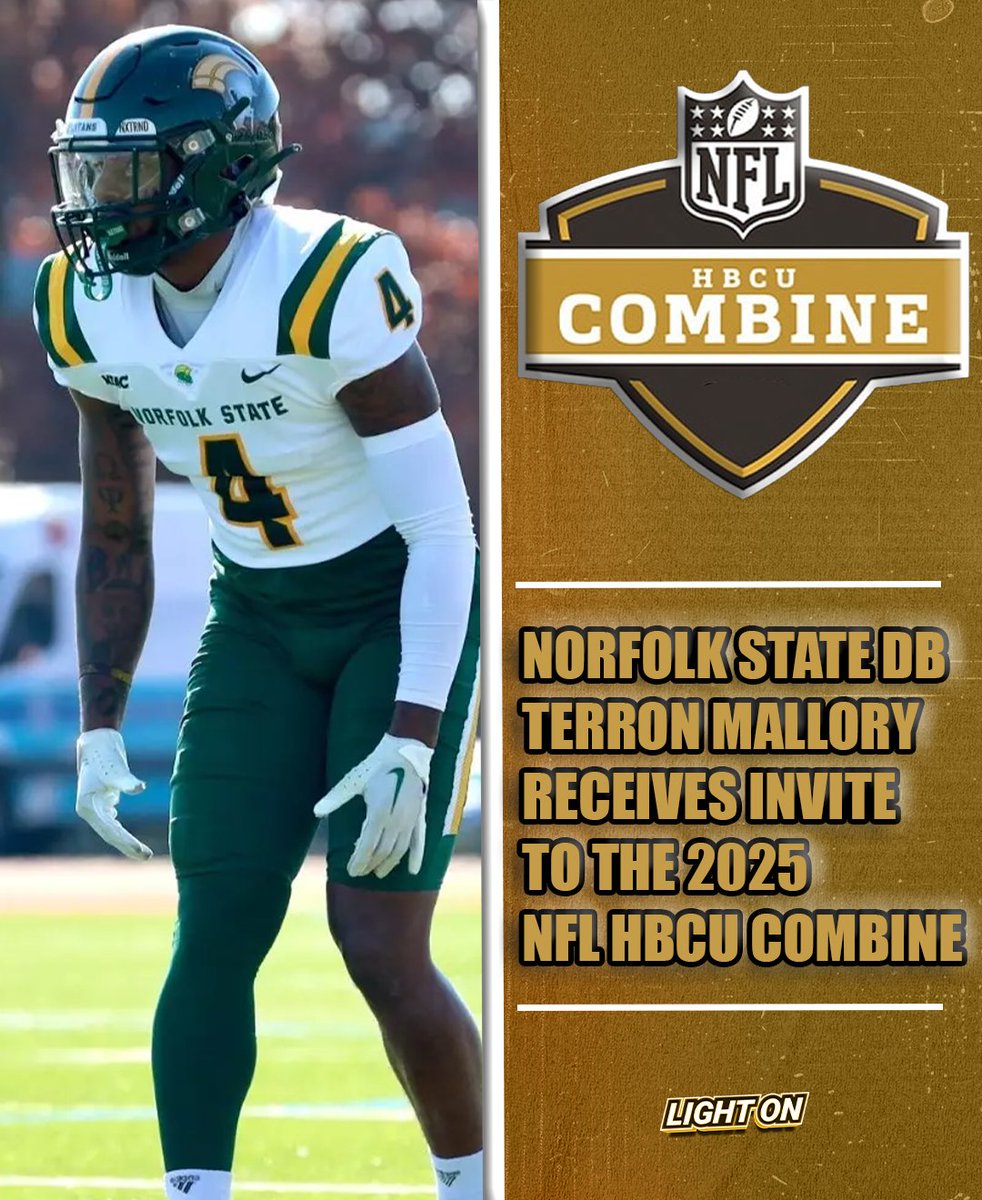 LIGHT ON COLLEGE SPORTS (@lightonsports) on Twitter photo Norfolk State DB Terron Mallory has been invited to the 2025 NFL HBCU Combine. 🔰🔥
(via <a href="/TMallory24/">Terron Mallory</a>) Norfolk State DB Terron Mallory has been invited to the 2025 NFL HBCU Combine. 🔰🔥
(via <a href="/TMallory24/">Terron Mallory</a>)