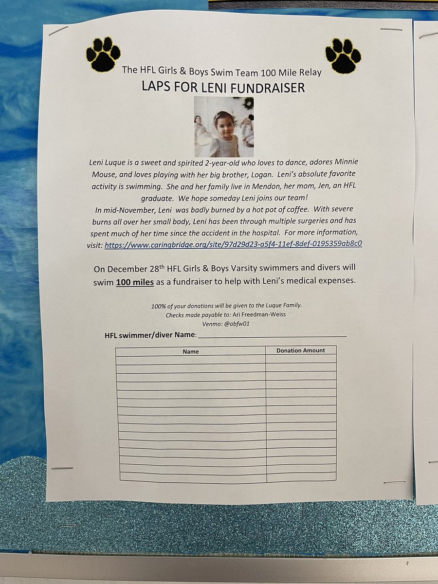 The Girls &amp; Boys Teams are coming together to swim in our annual 100 Mile Relay fundraiser! This year we’re swimming #LapsforLeni. Anyone interested in donating can stop by the HFL pool before 12pm, or use the Venmo listed on the sheet below! 💪🏊‍♀️ <a href="/HFLCSDAthletics/">HF-L CSD Athletics</a> <a href="/PrimetimeBall_/">Primetime585⭕️</a>