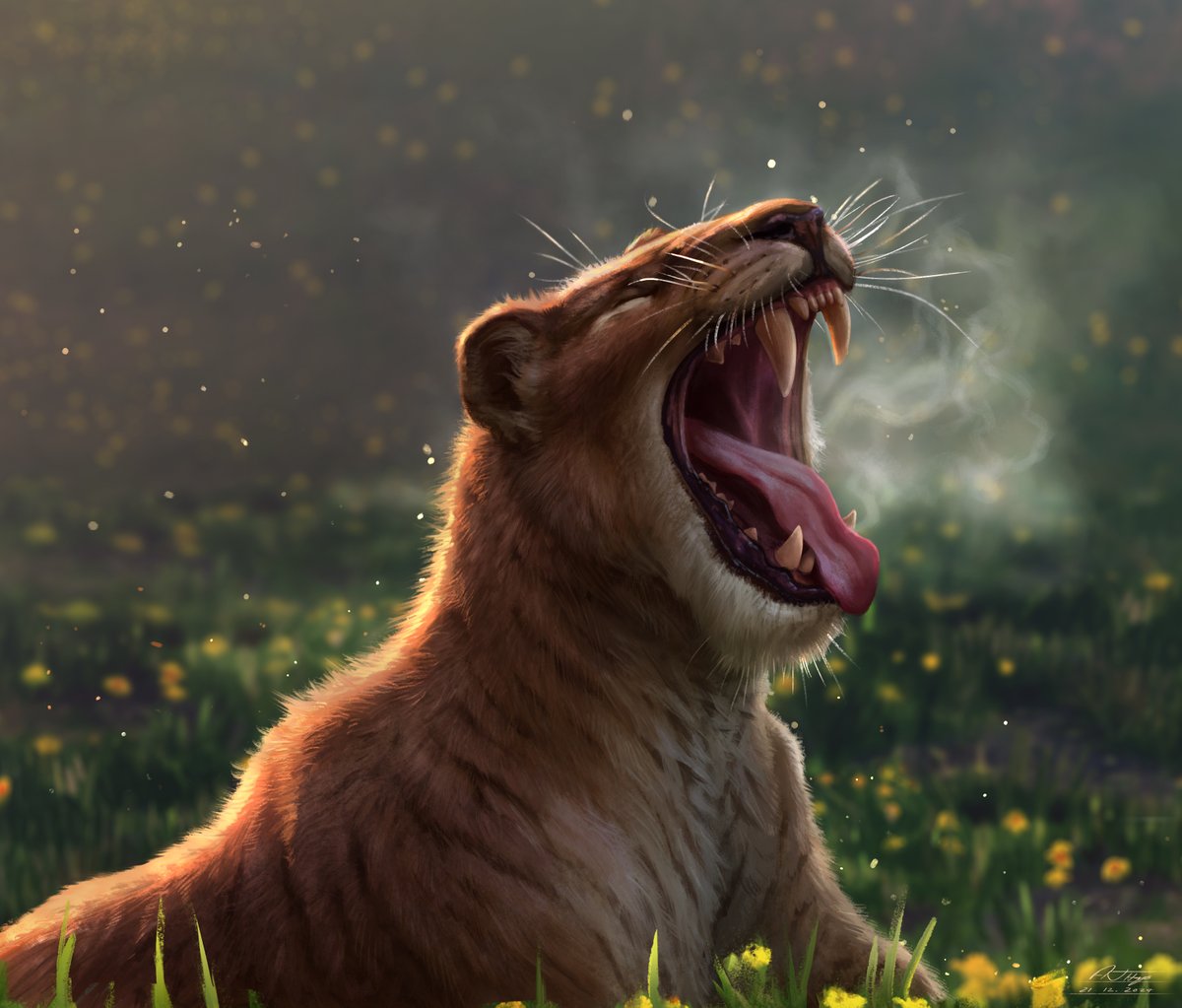 anthon5001's tweet image. Homotherium yawn in the morn: An additional piece to my last post that I hadn't uploaded here. I was thinking it could be the mother cat yawning in the morning sun. This was a relatively quick painting so it's quite loose in areas.