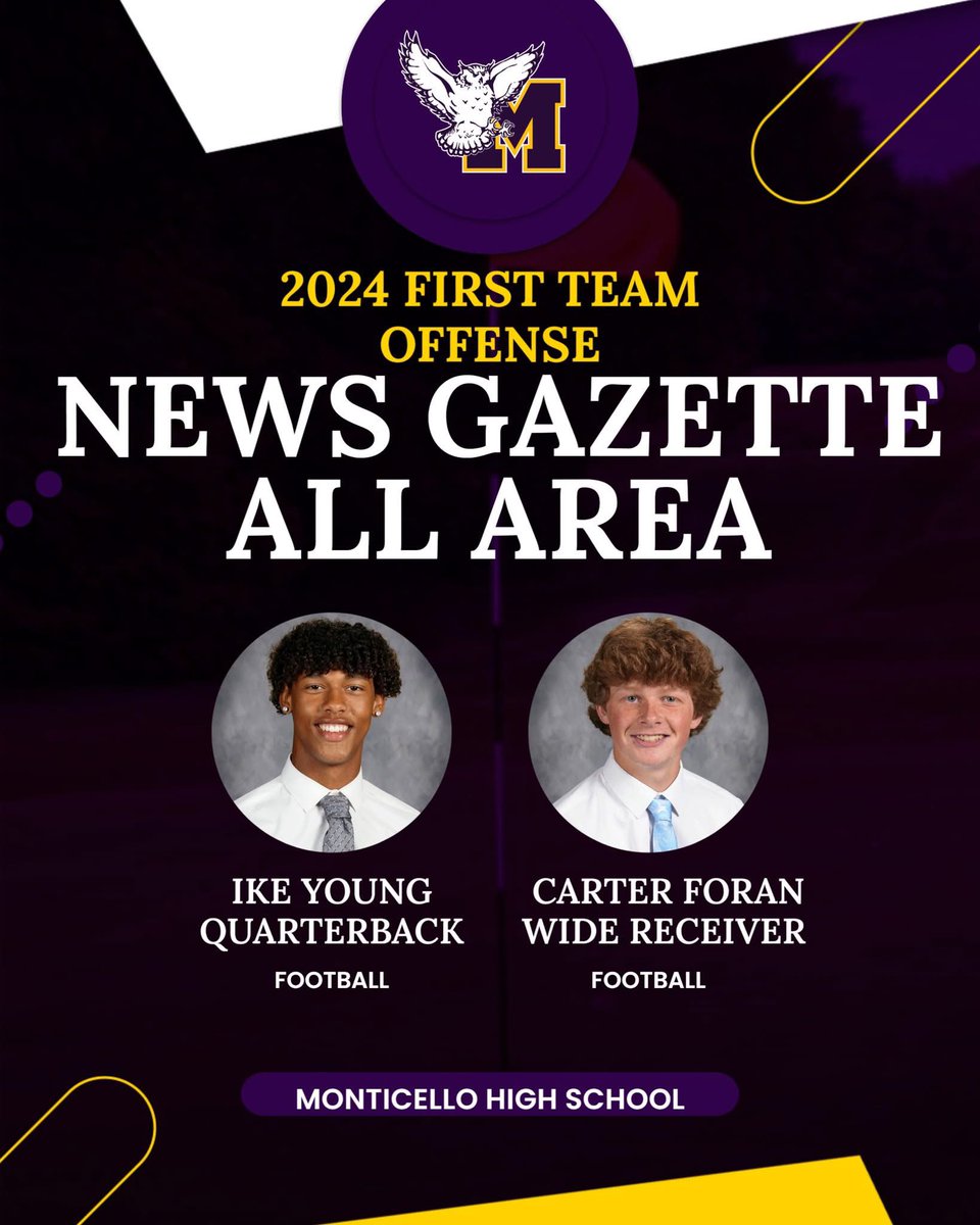 SagesAthletics's tweet image. News Gazette Football All Area 

First Team Offense/Defense
- Ike Young, QB
- Carter Foran, WR
- Mason High, DL
- Nolan Buehnerkemper, DB

Special Mention
- Brody Billedo, OL/DL

Honorable Mention
- Sam Burse, OL
- Jack Helms, DL
- Hunter Romano, LB
- Matt Swartz, LB 

#GoSages