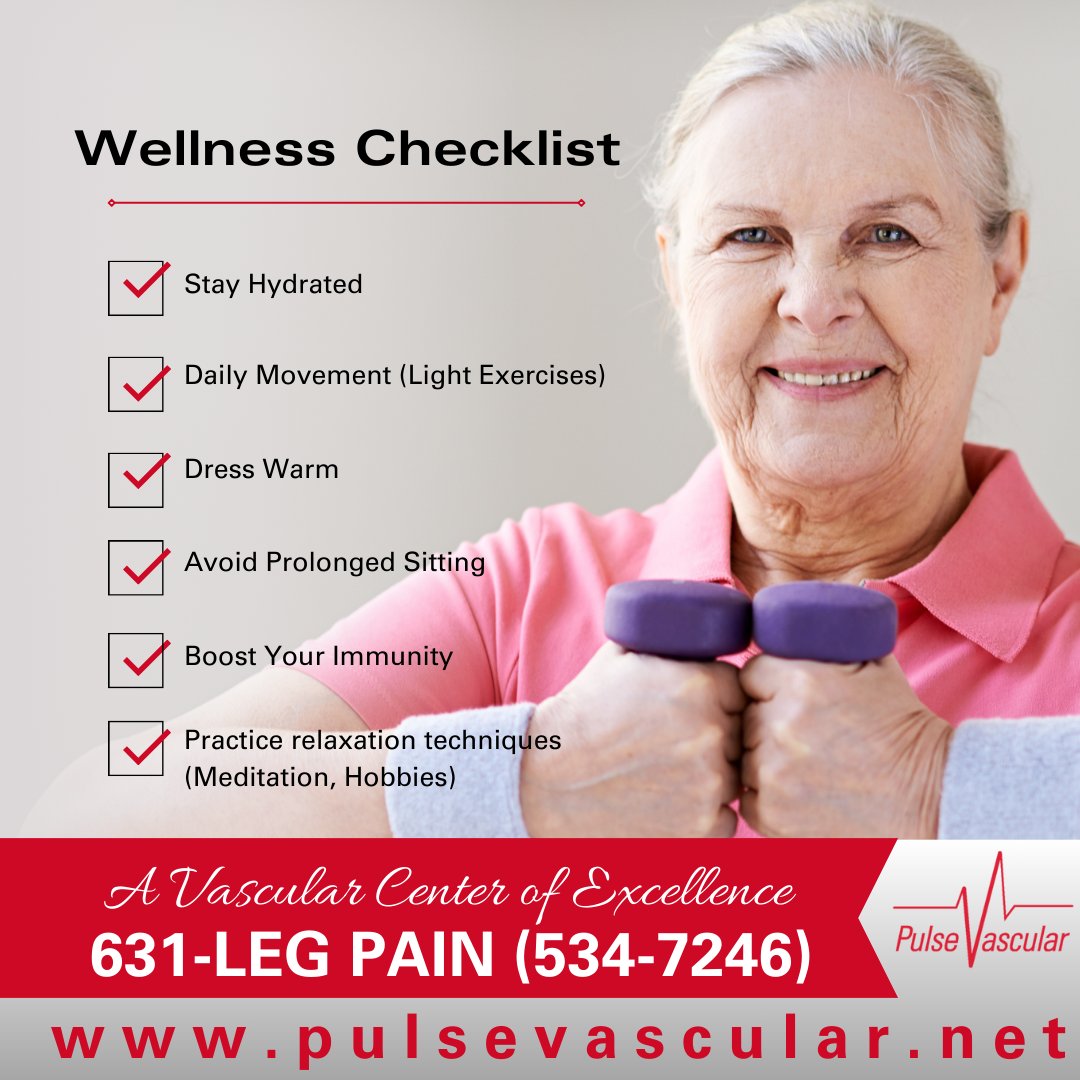 PulseVascular's tweet photo. Stay well this winter!❄️ Check off these important #wellnessreminders to keep #healthy all season. How many have you done? Comment below and let us know!
Please consult your physician before beginning any new exercise program. 

#winterwellness #stayhydrated  #pulsevascular https://t.co/5Bc1e6Hzez