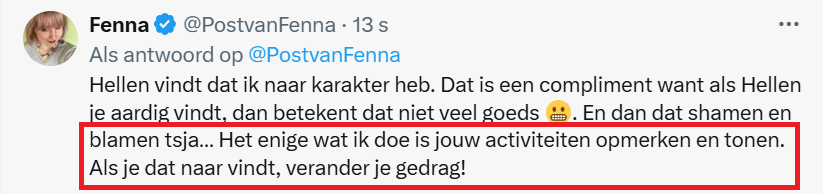 criticalfox71's tweet photo. @HVermeulen1967 @PostvanFenna Maar als je dit bij haar doet blokkeert ze je. Tegenspraak kan ze niet hebben.

#PostvanFenna #Fenna #FennaPosthuma #Jankieboe #omnidraad https://t.co/5AlyA95IEj