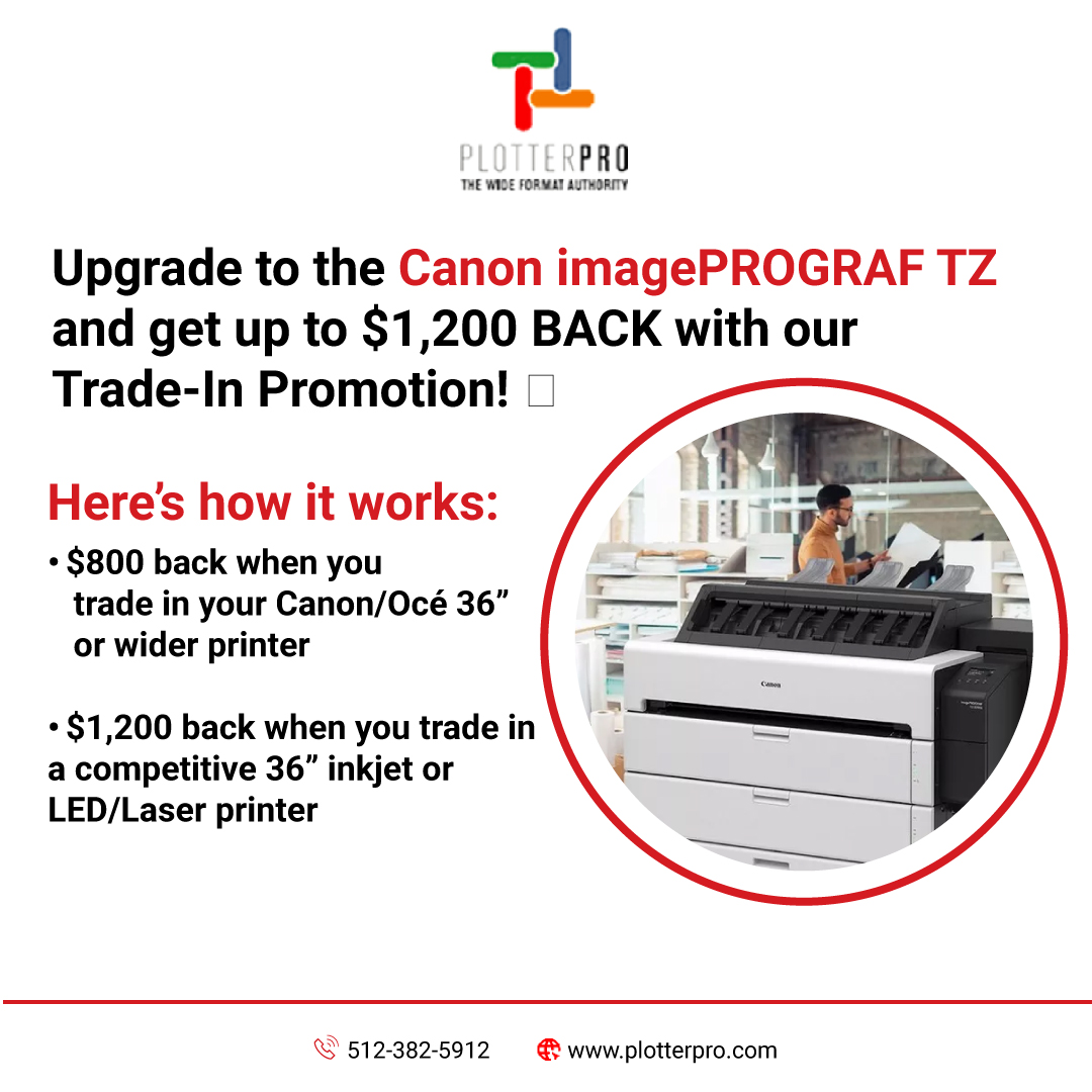 PlotterPRO's tweet image. Upgrade to the imagePROGRAF TZ for:

-Faster printing
-Sharp, vibrant images
-Smarter workflows
 📞 512-382-5912 
🌐 website  - plotterpro.com 
 Click - plotterpro.com/request-quote  for more information!  

#TradeInDeal #PrinterUpgrade #CanonImagePROGRAF