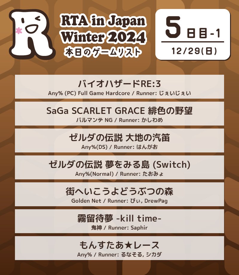 RTAinJapan's tweet photo. RTA in Japan Winter 2024
5日目のゲームはこちらです。

◆スケジュール
https://t.co/6hIQ6ac2Sq

◆配信
https://t.co/ESrCXgTbN8

◆直接寄付及び投票
https://t.co/xTAGGnPcUi

#RTAinJapan https://t.co/Gzx4cOcnL3