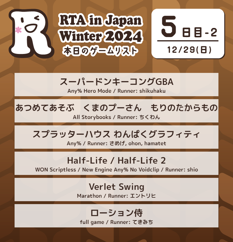 RTAinJapan's tweet photo. RTA in Japan Winter 2024
5日目のゲームはこちらです。

◆スケジュール
https://t.co/6hIQ6ac2Sq

◆配信
https://t.co/ESrCXgTbN8

◆直接寄付及び投票
https://t.co/xTAGGnPcUi

#RTAinJapan https://t.co/Gzx4cOcnL3