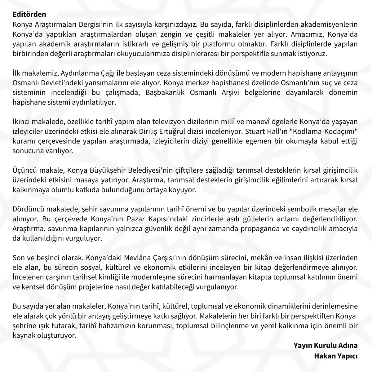konyadergisi's tweet photo. Konya Araştırmaları Dergisi’nin ilk sayısı yayınlanmıştır. Makalelere erişmek için: https://t.co/RCv5uMhORq  

Akademi camiasına ve tüm ilgililere duyurulur. https://t.co/vcH8EUa53X
