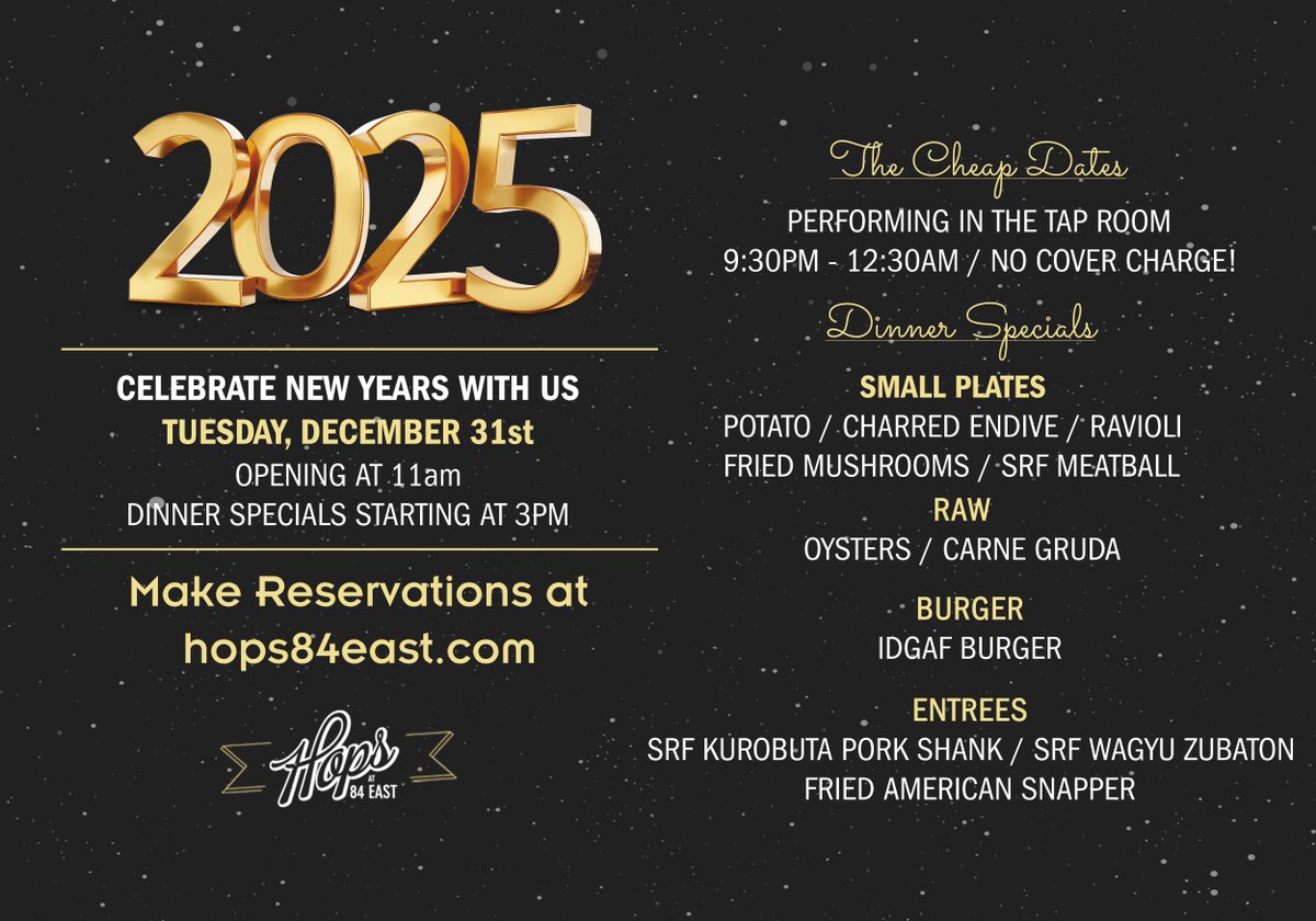 HopsAt84East's tweet photo. We'd love to have you join us to celebrate New Year's Eve! To learn more about making a reservation, the night's entertainment, and Chef Repp's fantastic NYE menu, please go to https://t.co/43OrpfE5Eq and click the "New Year's Eve" option on the page. https://t.co/tFpprrjnvd