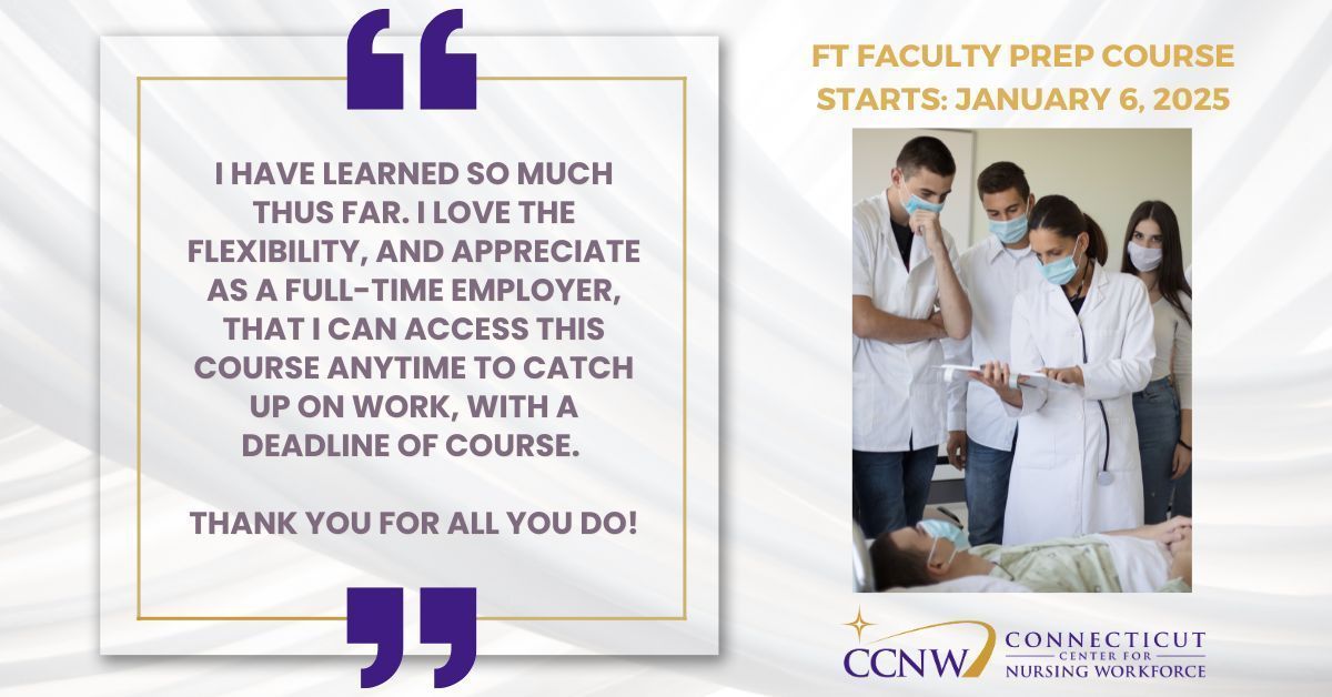 nurseworkforce's tweet photo. FT Nurse Faculty Prep Course: ‼️Starts Jan 6th‼️

Faculty Led. 6 Weeks. 100% Online. Asynchronous Instruction.
Up to 6 hrs of LIVE coaching, 60 contact hrs awarded.

Info: https://t.co/DB1IF7Pq2s
REGISTER: Contact Peggy Mallick
203-691-5013 | peggy@ctcenterfornursingworkforce.com https://t.co/9VWE6XFfIF