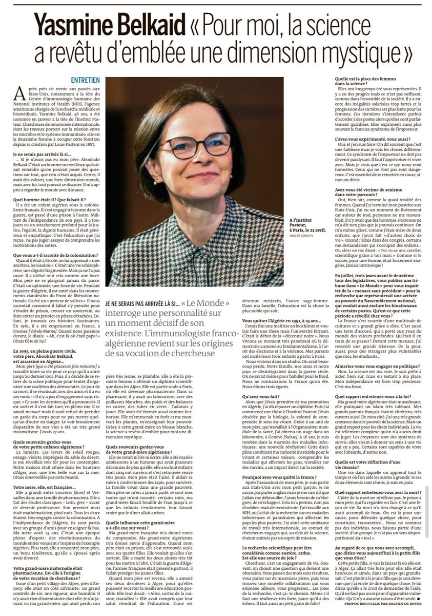 MezianeHammadi's tweet image. Superbe entretien dans Le Monde de la professeure Yasmine Belkaid, immunologiste de renommée mondiale et directrice générale de l’Institut Pasteur.