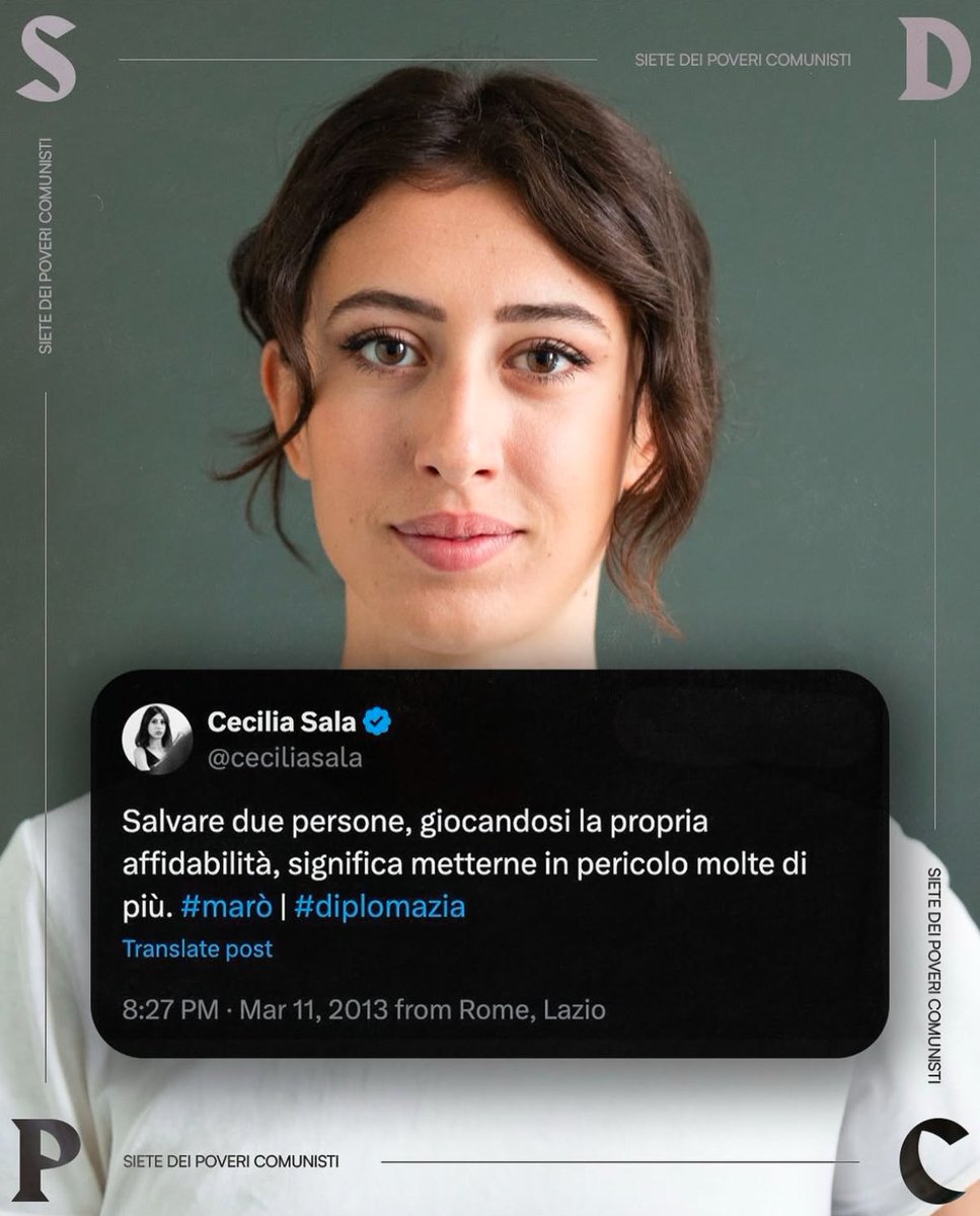 FraDiGiuseppe's tweet photo. Non fate a #CeciliaSala quello che lei avrebbe voluto si facesse ai Marò…

Ci auguriamo che venga presto liberata. 

Perché noi non
siamo come loro. https://t.co/f0ZUixXbLE