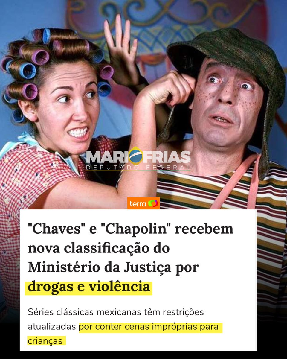 O Ministério da Justiça reclassificou Chaves e Chapolin. Chaves agora não é recomendado para menores de 10 anos, por conter drogas lícitas e violência fantasiosa.
Já o Chapolin não é indicado para menores de 12 anos, por ter drogas lícitas e violência - sendo recomendada exibição após às 20h na TV aberta.

A nova classificação foi publicada ontem no Diário Oficial da União.

Falar em “violência fantasiosa” e “drogas lícitas” como justificativa é tratar o povo brasileiro como incapaz de discernir o que é entretenimento de qualidade e inofensivo.

Enquanto o país enfrenta uma crise de violência real, com milhares de vidas ceifadas todos os anos, o governo prefere gastar tempo impondo censura em obras culturais que são patrimônio da nossa memória coletiva. Essa decisão é mais um exemplo do paternalismo estatal que tenta controlar até o que as famílias assistem em casa, desrespeitando nossa inteligência e autonomia.

Essa decisão não é apenas absurda, é sintomática de um governo que prioriza a engenharia social sobre a proteção de sua população. É preciso rejeitar, com veemência, esse intervencionismo estatal mascarado de cuidado. Não aceitaremos a tutela ideológica sobre nossas memórias e valores!