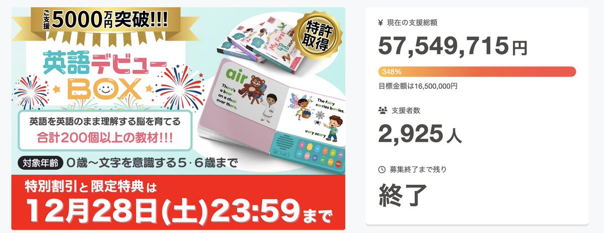 本日をもって英語デビューBOXの先行販売を終了致します。2925人の方に