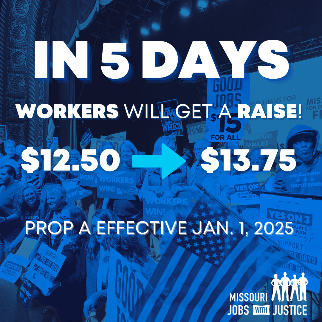 MOJwJ's tweet image. 🎉 Big wins for workers start Jan 1! 💪
On Jan. 1, 2025  250,000 workers in Missouri will see their paychecks go up as the minimum wage increases to $13.75/hr.

When we fight together, we win. 💙

#WorkersWin #PropA