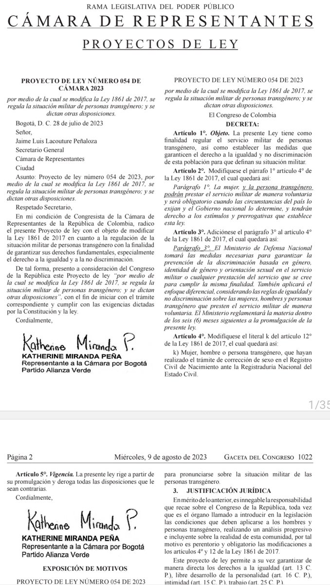 Nivel de oportunismo sin precedentes 😵

Usted presentó el Proyecto de Ley 054/23, cuyo objeto era establecer medidas para que personas transgénero presten el servicio militar, NADA TENÍA SOBRE AUMENTO DE BONIFICACIÓN a soldados. 

Su proyecto, por modificar la Ley 1861, se